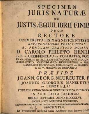 Specimen Juris Naturae De Justis Aequilibrii Finibus