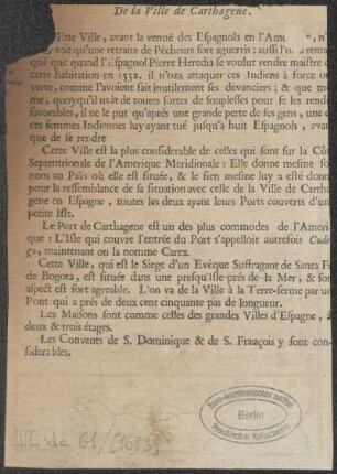 [Rückseite] De la Ville de Carthagene.