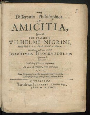 Dissertatio Philosophica De Amicitia