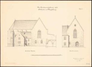 Domdekanat mit Anbauten, Magdeburg: Aufriss Nordansicht, Südansicht 1:100