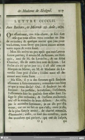 Lettre CCCCLII. Aux Rochers, ce Mécredi 28. Août, 1680