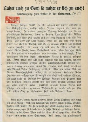 Nahet euch zu Gott, so nahet er sich zu euch! : Handreichung zum Gebet in der Kriegszeit