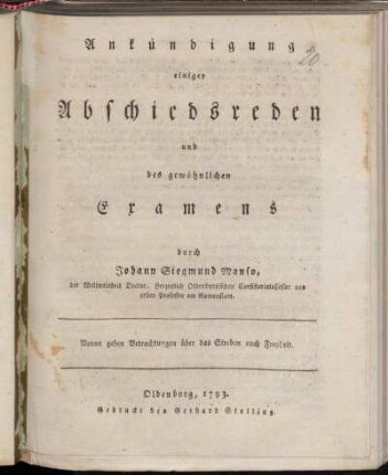 Ankündigung einiger Abschiedsreden und des gewöhnlichen Examens ... : Voran gehen Betrachtungen über das Streben nach Freyheit