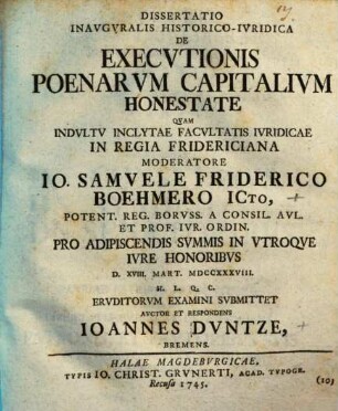 Diss. inaug. hist. iur. de executionis poenarum capitalium honestate