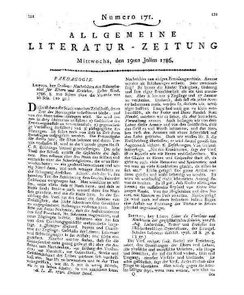 [Salzmann, C. G.]: Nachrichten Aus Schnepfenthal Für Eltern Und Erzieher. Bd. 1. Leipzig: Crusius 1786