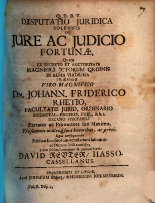 Disputatio Iuridica Solennis De Iure Ac Iudicio Fortunae