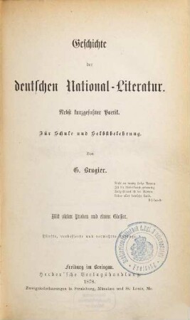 Geschichte der deutschen National-Literatur : nebst kurzgefaßter Poetik ; für Schule und Selbstbelehrung ; mit vielen Proben und einem Glossar