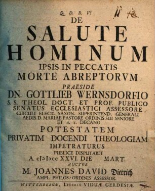 De salute hominum ipsis in peccatis morte abreptorum, disp.