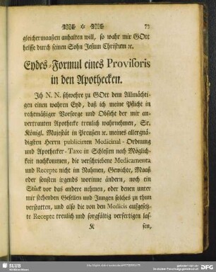 Eydes-Formul eines Provisoris in den Apothecken