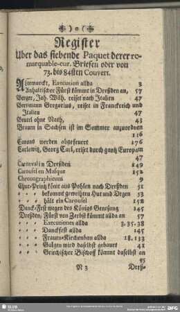 Register Uber das siebende Paquet derer remarquable-cur. Briefen oder von 73. Bis 84sten Couvert