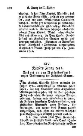 XIV. Kayser Franz des I. Dekret an den Reichshofrath wegen Beförderung der Religions-Sachen.