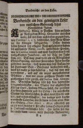 Vorbericht an den geneigten Leser von nutzlichem Gebrauch dises Himmlischen Jahrs.
