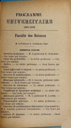 Programme des cours. 1891/92