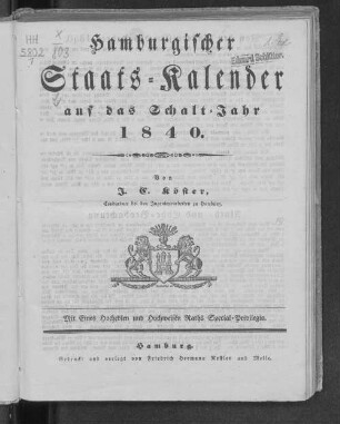 1840: Hamburgischer Staats-Kalender : auf das Jahr