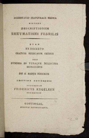 Dissertatio Inauguralis Medica Sistens Descriptionem Rheumatismi Febrilis