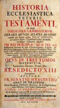 Historia ecclesiastica Veteris Testamenti : in rem theologiae candidatorum ... ; opus in tres tomos distributum
