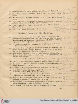 Waffen / Eisen- und Metallarbeiten (Nr. 211-271)