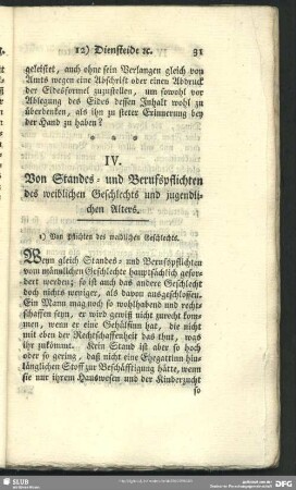 IV. Von Standes- und Berufspflichten des weiblichen Geschlechts und jugendlichen Alters