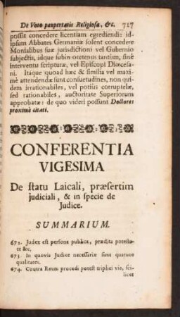Conferentia Vigesima De statu Laicali, praesertim judiciali, & in specie de Judice