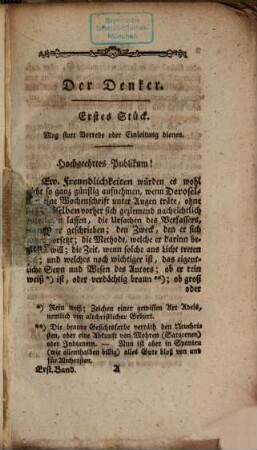 Der Denker : eine Wochenschrift aus dem Spanischen. 1781