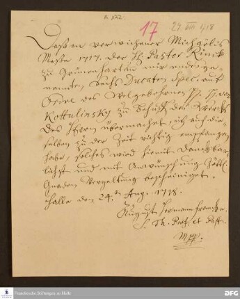 Empfangsbestätigung von August Hermann Francke für Herrn v. Kottulinsky über eine Spende in Höhe von 6 Dukaten zugunsten der Glauchaschen Anstalten.