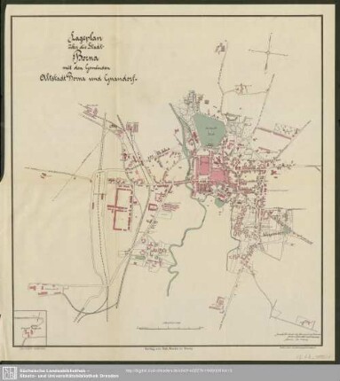 Karte : Lageplan über die Stadt Borna mit den Gemeinden Altstadt Borna und Gnandorf