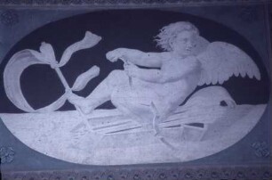 Zwei Supraporten mit Szenen aus dem Leben des Amor — Amor auf seinem Köcher über Wasser rudernd (Navis Amoris)