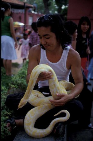 Malacca, Ein Mann mit einer Albino Schlange auf dem roten Platz