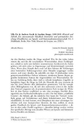 Ulla Fix, Andreas Gardt, Joachim Knape: Rhetorik und Stilistik : ein internationales Handbuch historischer und systematischer Forschung (Handbücher zur Sprach- und Kommunikationswissenschaft ; 31), 2 Hbde., Berlin, New York: de Gruyter, 2008-2009, 2552 S.