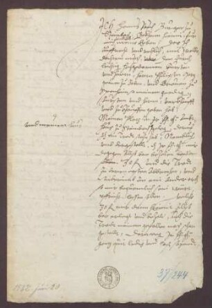 Verkaufsbrief des Hans Rauch zu Steinbach an Markgraf Philipp II. Baden-Baden über einen Platz zwischen seinem Wohnhaus und dem Amtshaus um 30 fl.