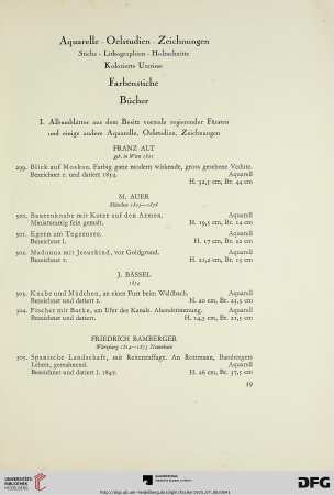 Aquarelle – Oelstudien – Zeichnungen – Stiche – Lithographien – Holzschnitte – Kolorierte Umrisse – Farbenstiche – Bücher (Nr. 299-602)