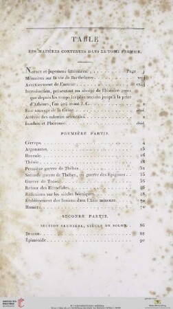 Table dess matières contenues dans le tome premier