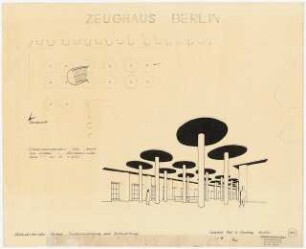 Zeughaus, Berlin Wiederaufbau: Grundriss Obergeschoss 1:200, Perspektivische Ansicht des Innenraums