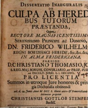 Dissertatio Inauguralis De Culpa Ab Heredibus Tutorum Praestanda