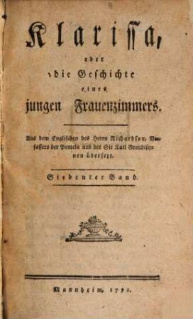 Klarissa, oder die Geschichte einen jungen Frauenzimmers, Siebenter Band