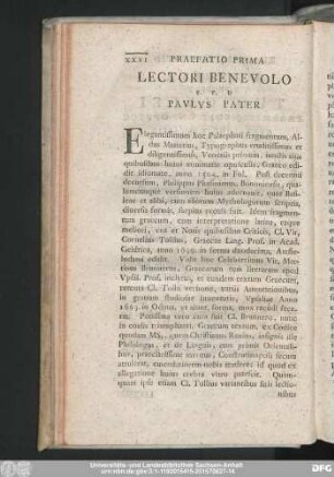 Praefatio Prima Lectori Benevolo S.P.D Paulus Pater