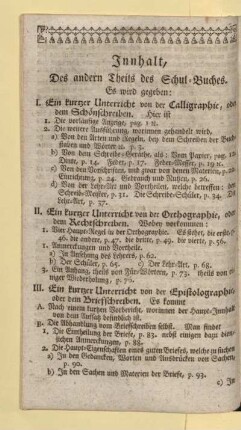Innhalt, Des andern Theils des Schul-Buches