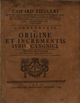 Commentatio de origine et incrementis iuris canonici