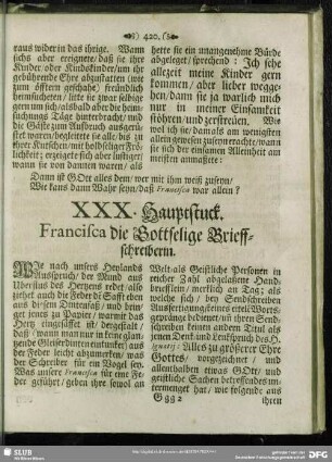 XXX. Hauptstuck. Francisca die Gottselige Brieffschreiberin