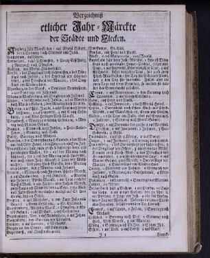 Verzeichniß etlicher Jahr-Märckte der Städte und Flecken.