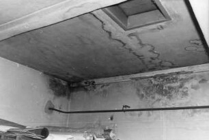 Dresden-Striesen, Eisenacher Straße 5. Buchbinderei Karl Hesse. Innenansicht mit Wasserschäden an Wänden und Decke