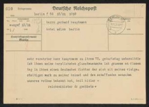 Brief von Joseph Goebbels an Gerhart Hauptmann