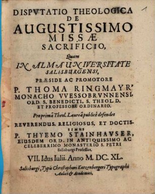 Disputatio theologica de augustissimo missae sacrificio