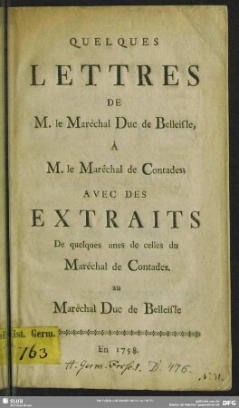 Quelques Lettres De M. le Marêchal Duc de Belleisle, À M. le Marêchal de Contades
