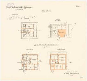 Joachimsthalsches Gymnasium, Templin: Pförtnerhaus: Lageplan 1:200, Grundriss Keller, Erdgeschoss, Dachgeschoss 1:100
