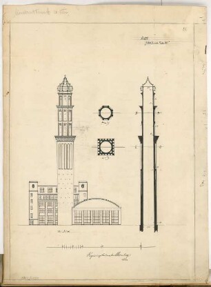 Fabrikschornstein Monatskonkurrenz Februar 1911: Grundriss auf zwei Ebenen, Aufriss, Vertikalschnitt 1:200; Maßstabsleiste