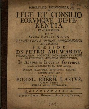 Dissertatio Philosophica, De Lege Et Consilio Eorvmqve Differentia Pavca Sistens