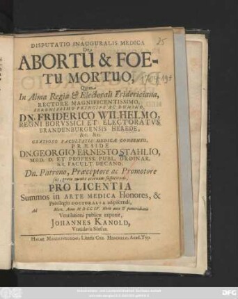 Disputatio Inauguralis Medica De Abortu & Foetu Mortuo