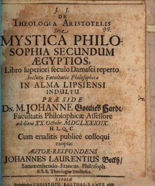 De theologia Aristotelis sive mystica philosophia secundum Aegyptios, libro superiori seculo Damasci reperto
