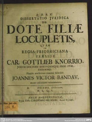 Dissertatio Iuridica De Dote Filiae Locupletis